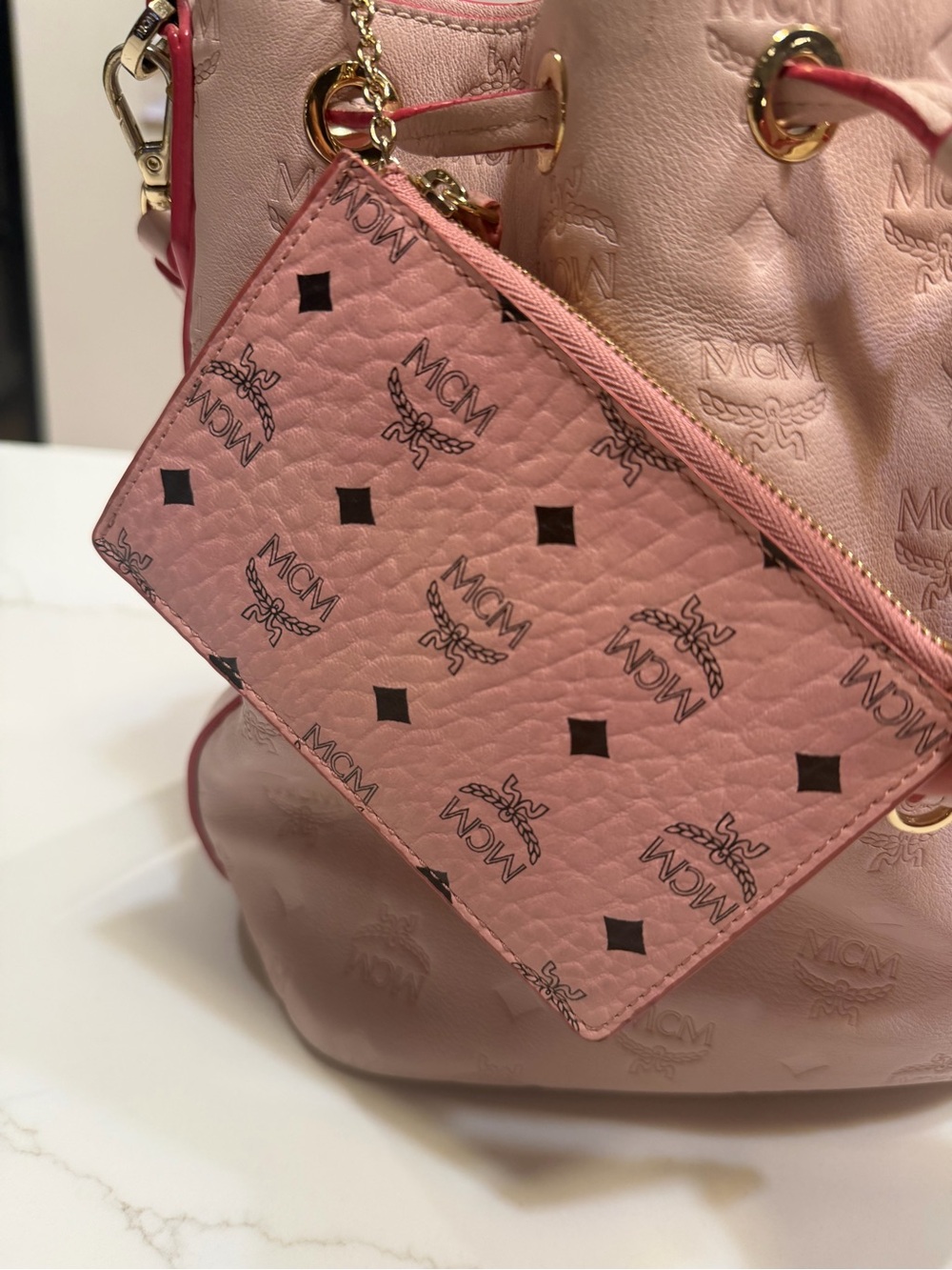 MCM Light Pink Embossed Drawstring Shoulder Bucket Bag - Picture 5 of 11